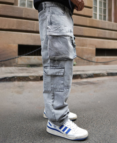 Grey Denim Baggy Fit Cargo Jeans