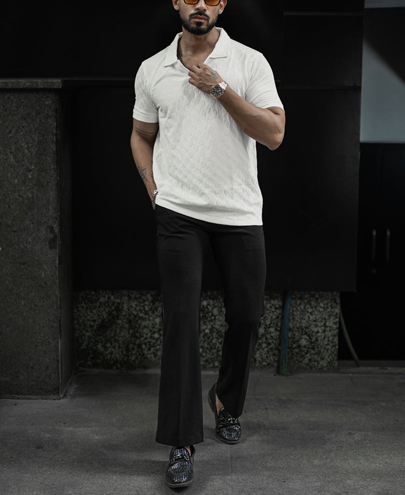 White Structured V Neck Regular Half Sleeves T Shirt