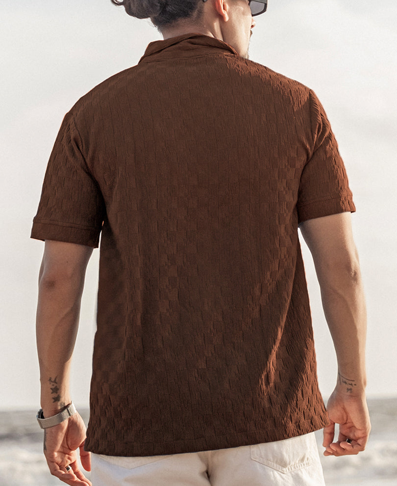 Brown Plain Structure Regular Fit Half Sleeve Collar T-Shirt