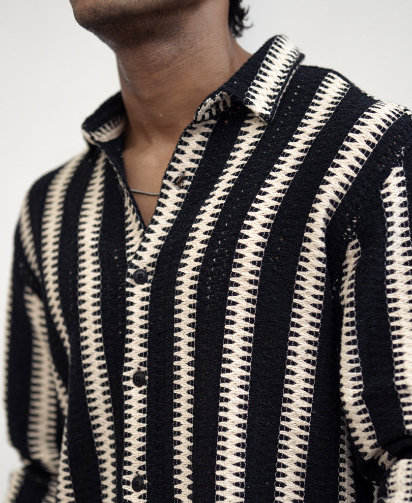 Black And White Striped Regular Fit Crochet Full Sleeves Shirt