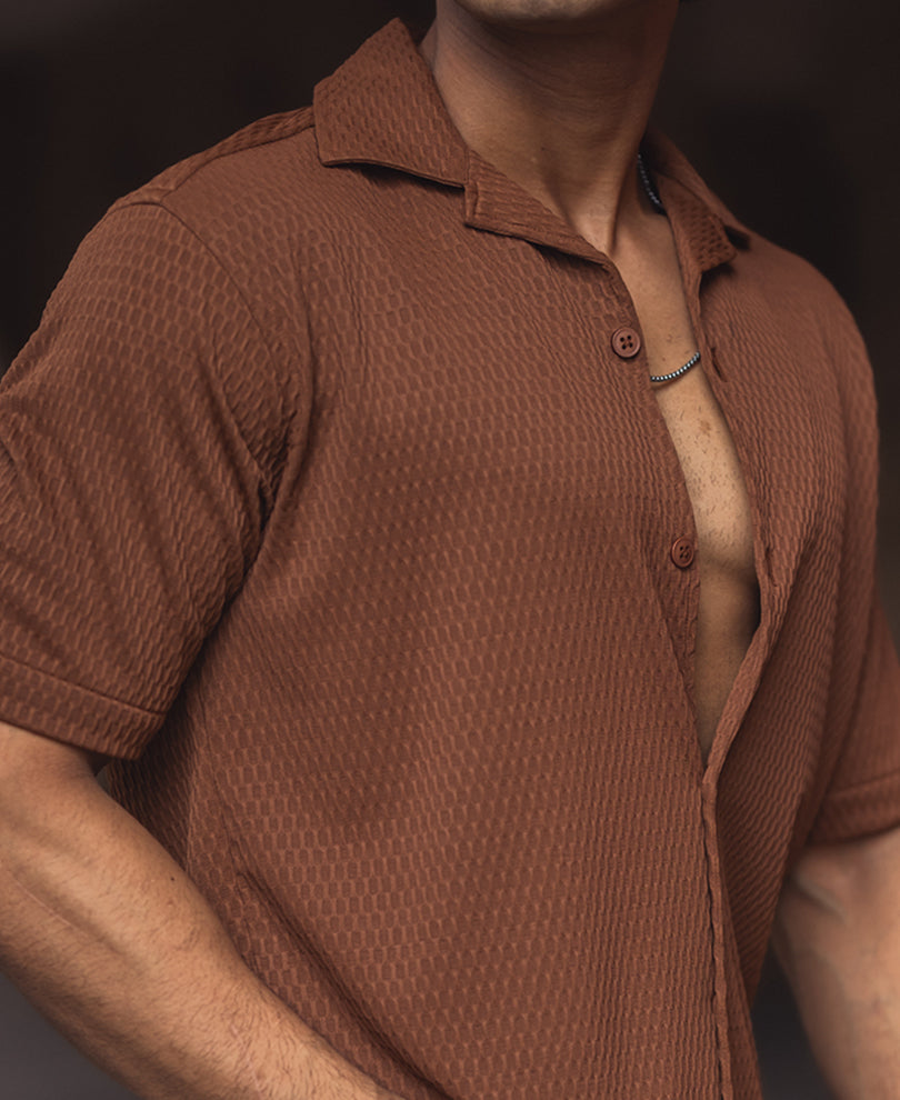Brown Structured Plain Regular Fit Half Sleeve Cuban Collar Shirt