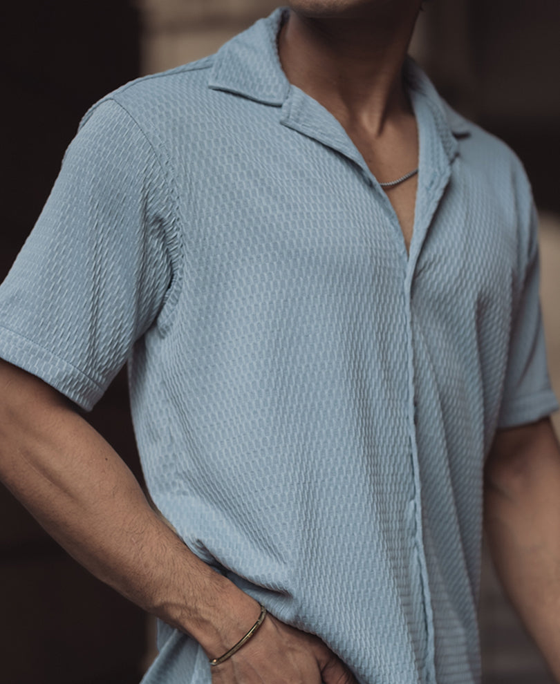 Grey Structured Plain Regular Fit Half Sleeve Cuban Collar Shirt