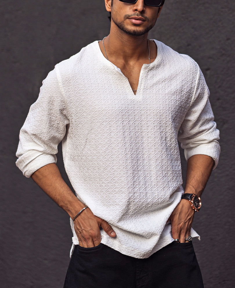 White Structured Regular Fit Full Sleeves Kurta Style Shirt