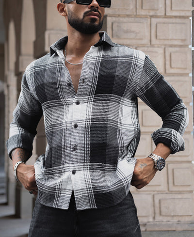Black and White Checked Regular Fit Full Sleeve Waffle Shirt
