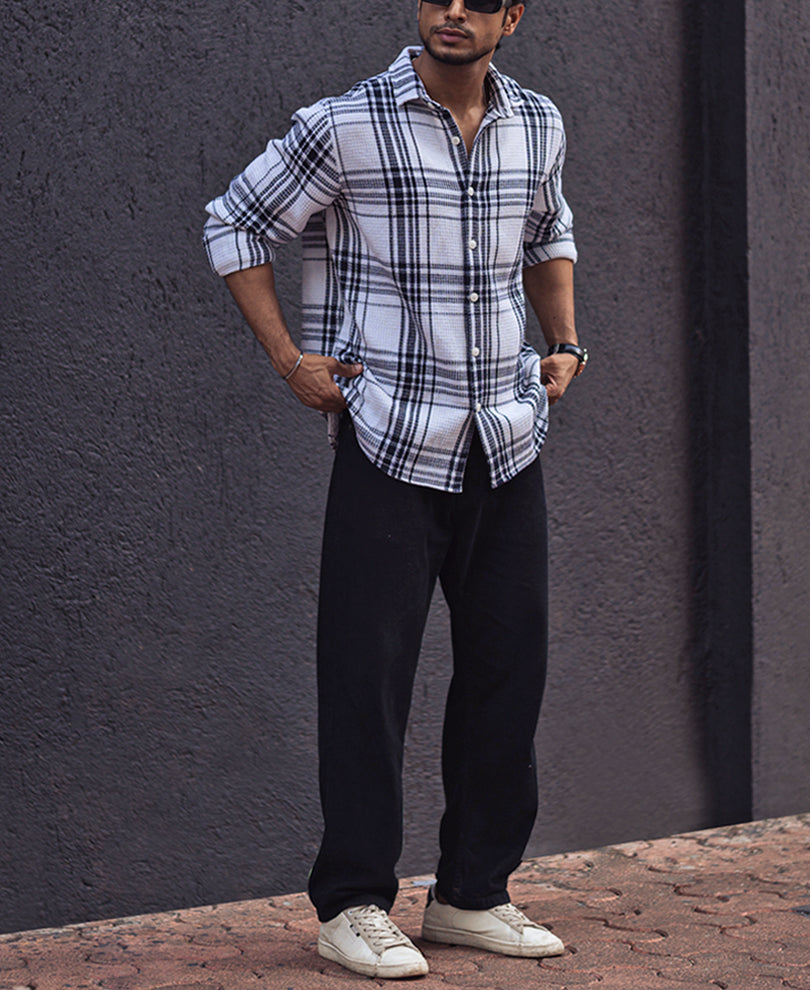 Navy Blue and White Waffle Checks Regular Full Sleeves Shirt.
