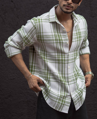 Light Green Waffle Checks Regular Fit Full Sleeves Shirt
