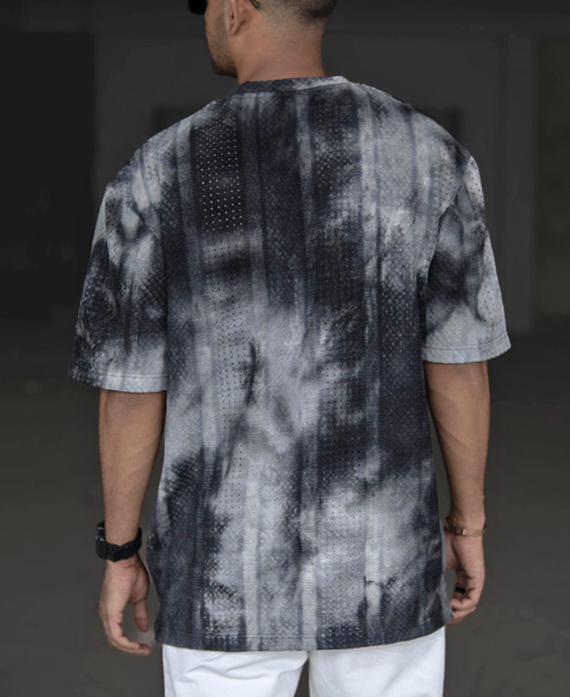 Black and Grey Oversized Tie Dye Printed Half Sleeves T Shirt