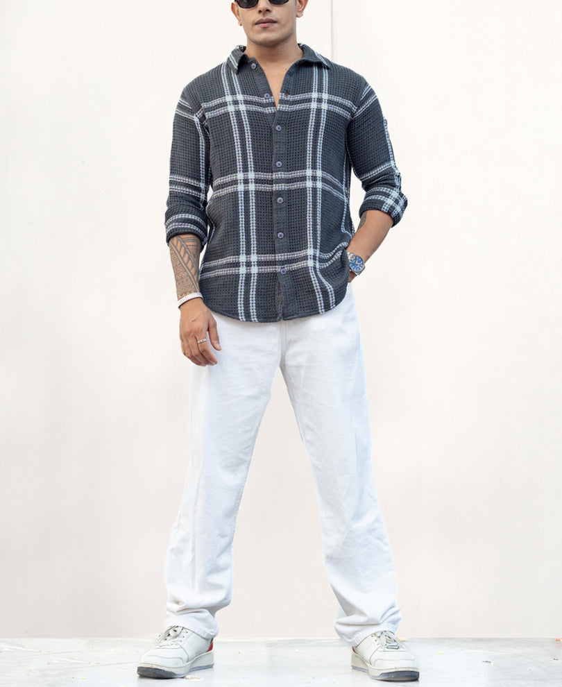 Grey Waffle Checks Regular fit Full Sleeves Shirt