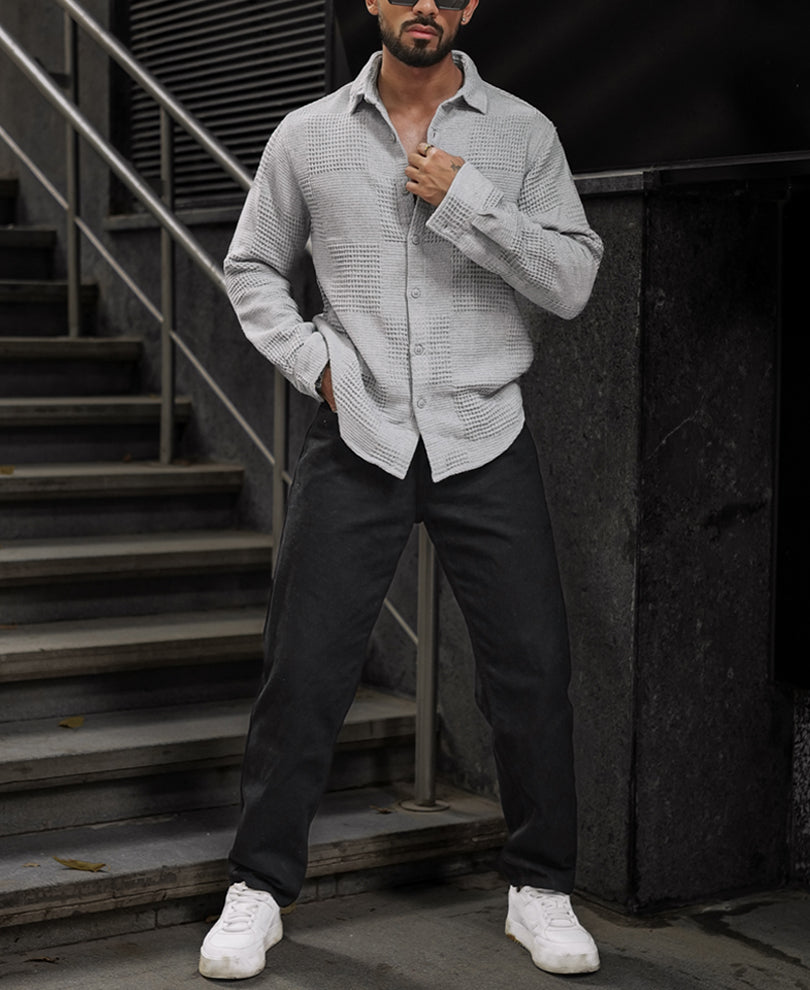 Grey Waffle Structure Regular Fit Full Sleeves Shirt