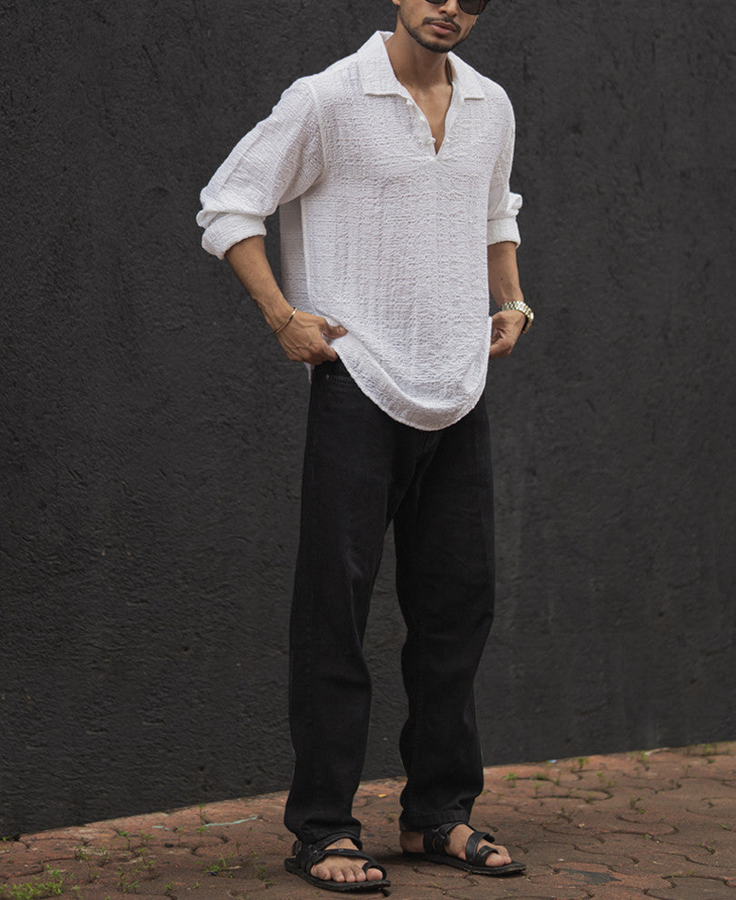 White Regular Fit Full Sleeves Kurt Style Shirt