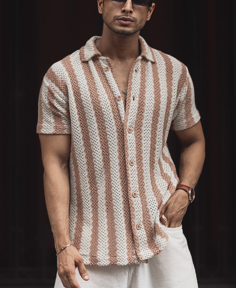 Beige and Off White Crochet Striped Regular Fit Half Sleeve Shirt