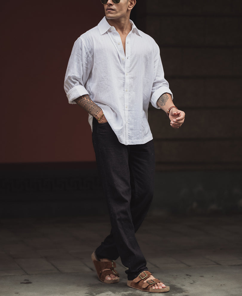 White Regular Fit Cotton Full Sleeve Self Design Shirt