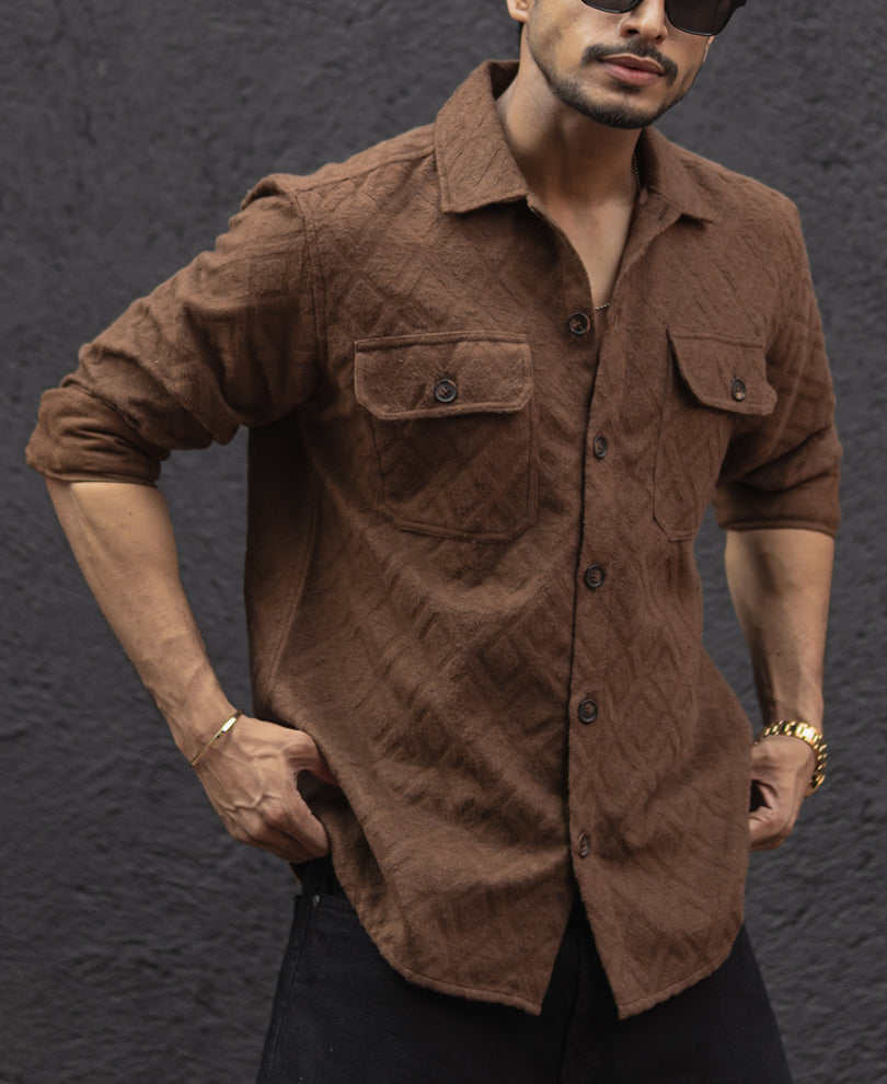 Dark Brown Regular Fit Full Sleeves Shirt.