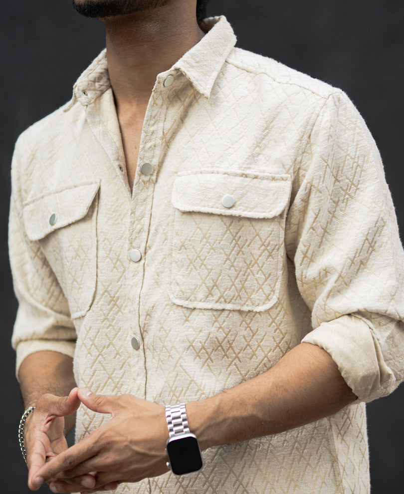 Cream Double Pockets Regular Fit Full Sleeves Shirt