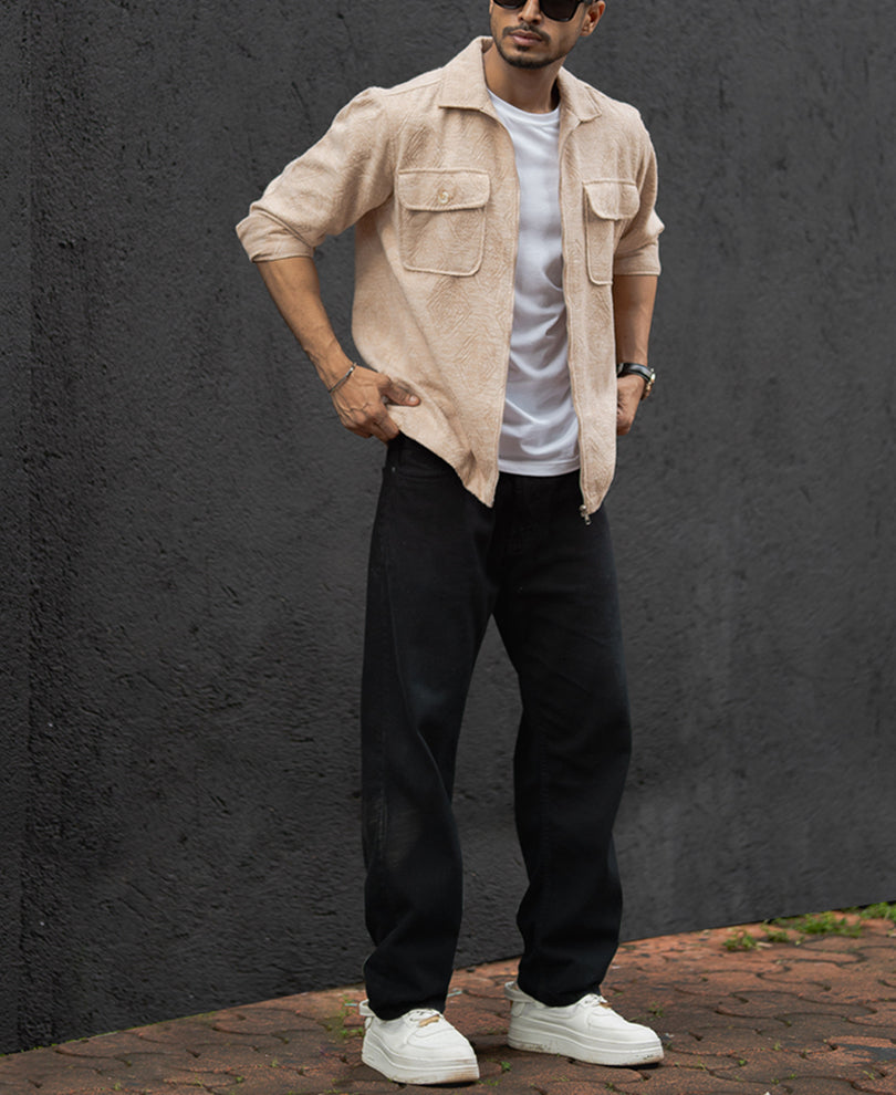 Dark Fawn Regular Fit Full Sleeves Shirt With Zip