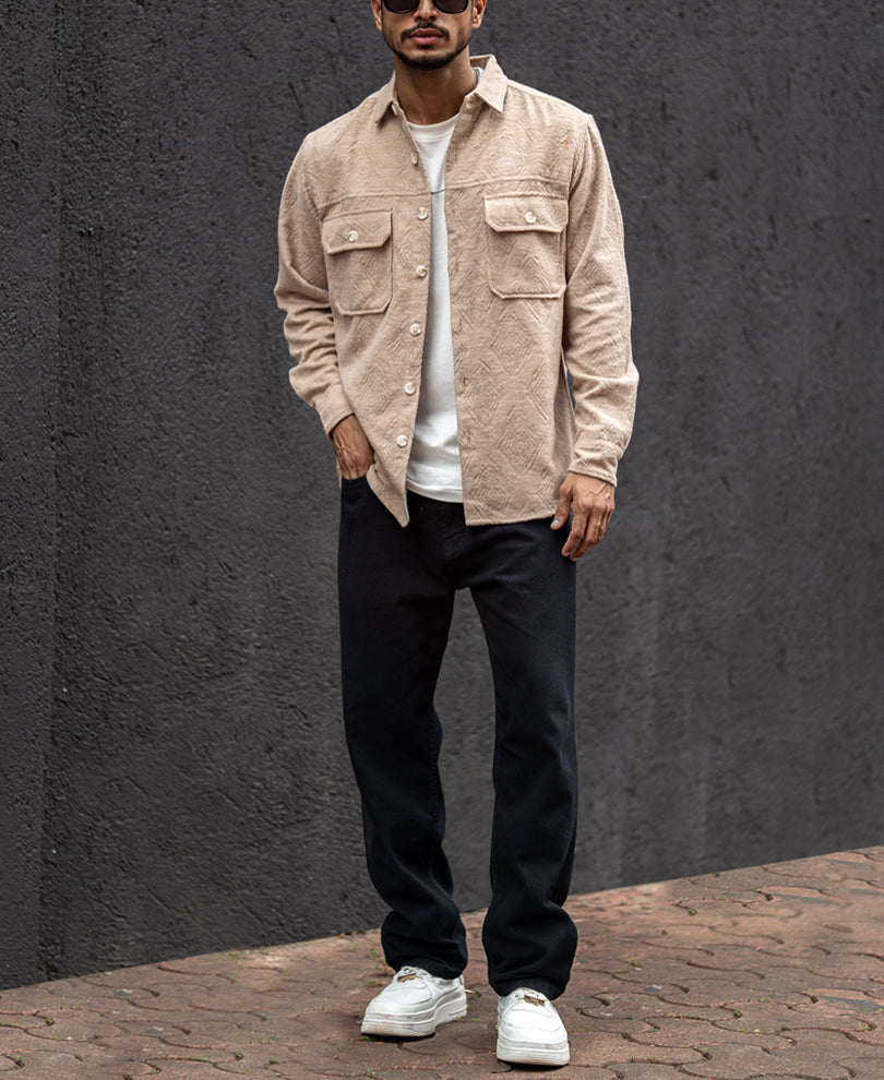 Light Khaki Regular Fit Full Sleeves Shirt With Double Pocket