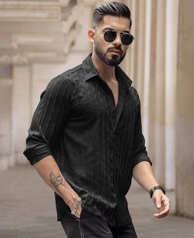 Black Stripe Structured Regular Fit Full Sleeves Shirt