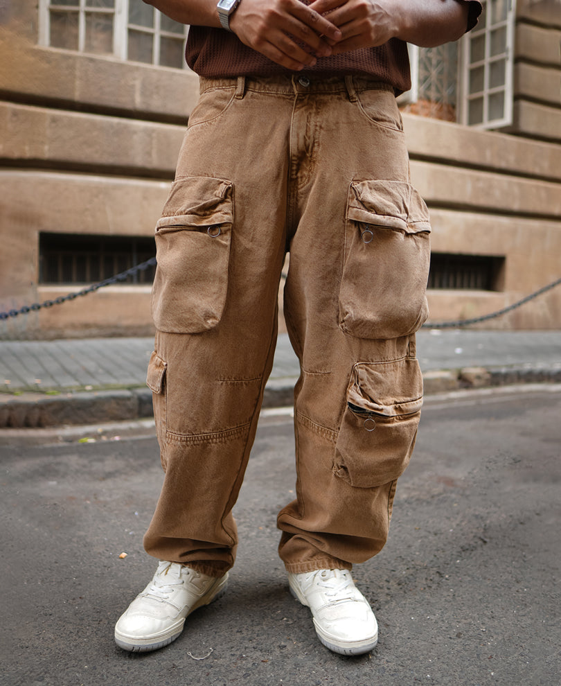 Camel Denim Cargo Baggy Fit Jeans