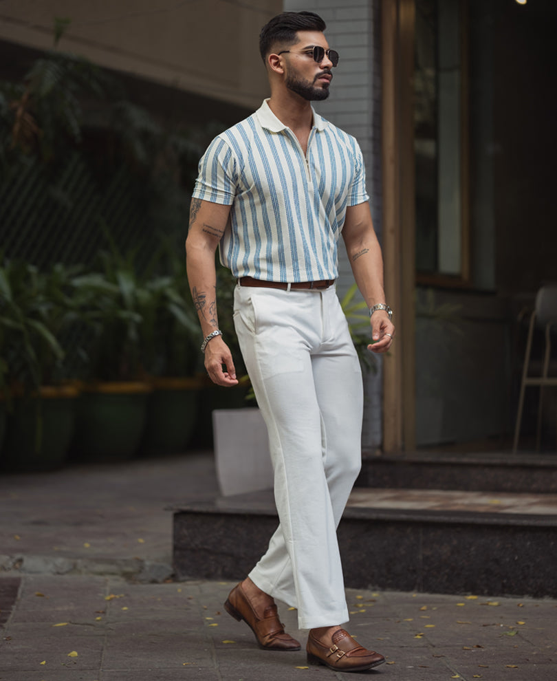 Off White Striped Regular Fit Half Sleeve T-Shirt with Zipper