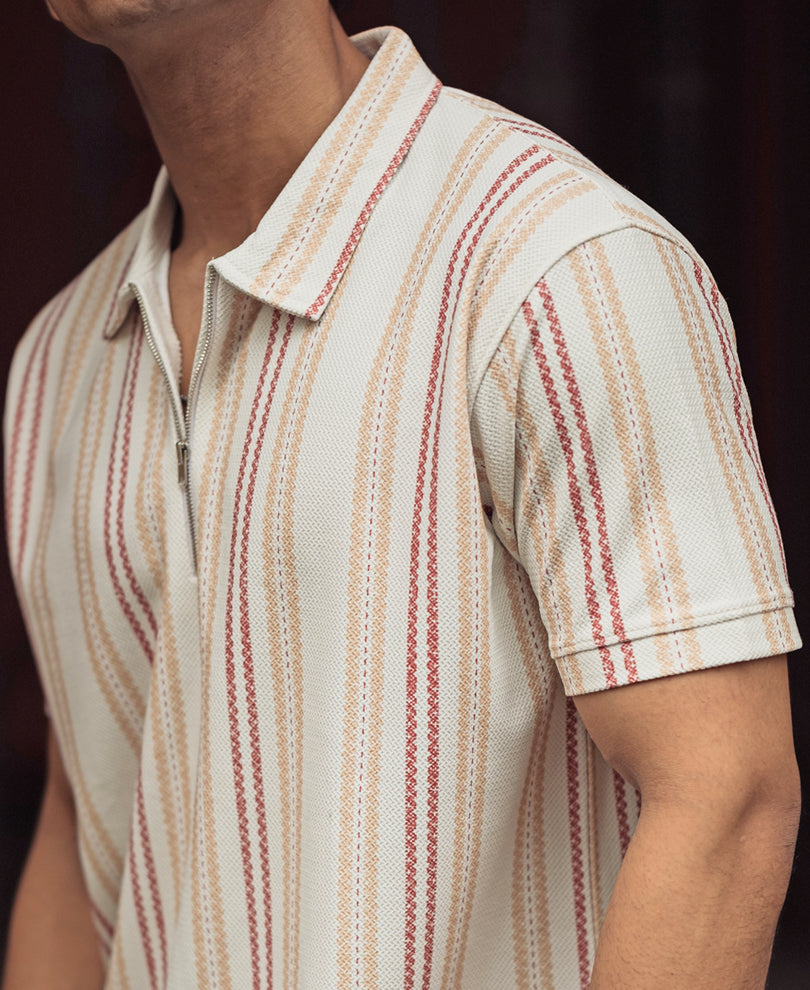 Multi-Coloured Striped Regular Fit Half Sleeve T-Shirt with Zipper