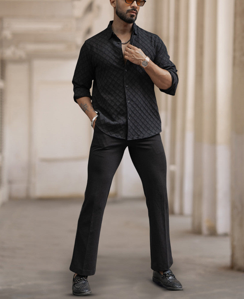 Black Structured Regular Fit Full Sleeves Shirt