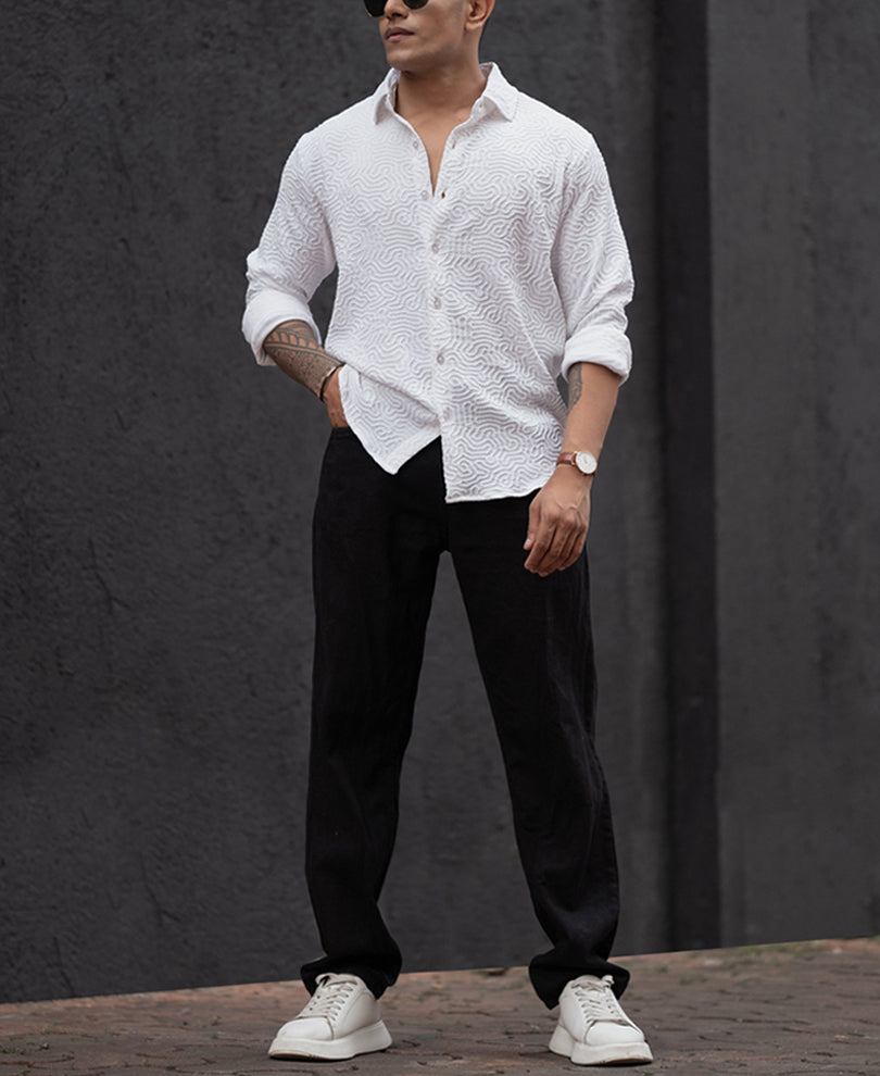 White Abstract Structured Regular Fit Full Sleeves Shirt
