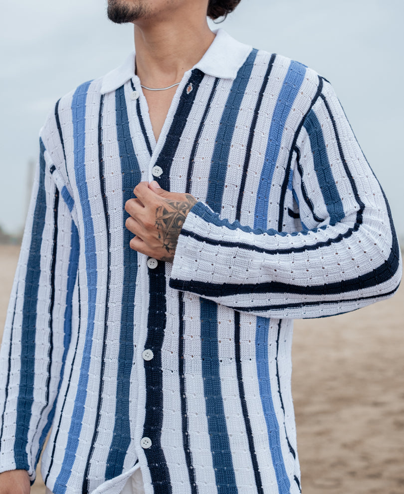 Blue and White Striped Regular fit Full Sleeves Shirt