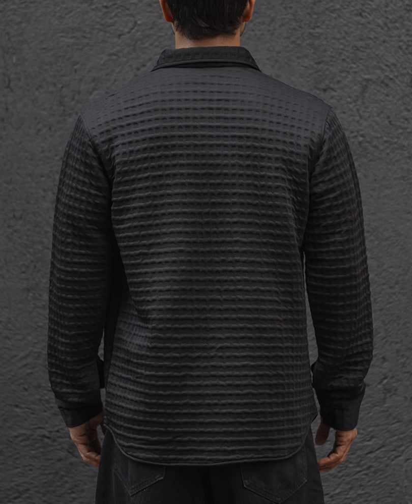Black Solid Structure Regular Fit Full Sleeves Shirt