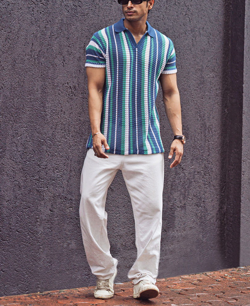 Multicolor Knit Regular fit Striped Half Sleeves T Shirt