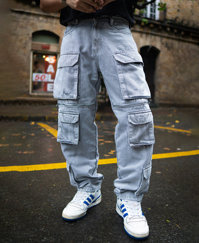 Light Grey Baggy Fit Cargo Denim Jeans