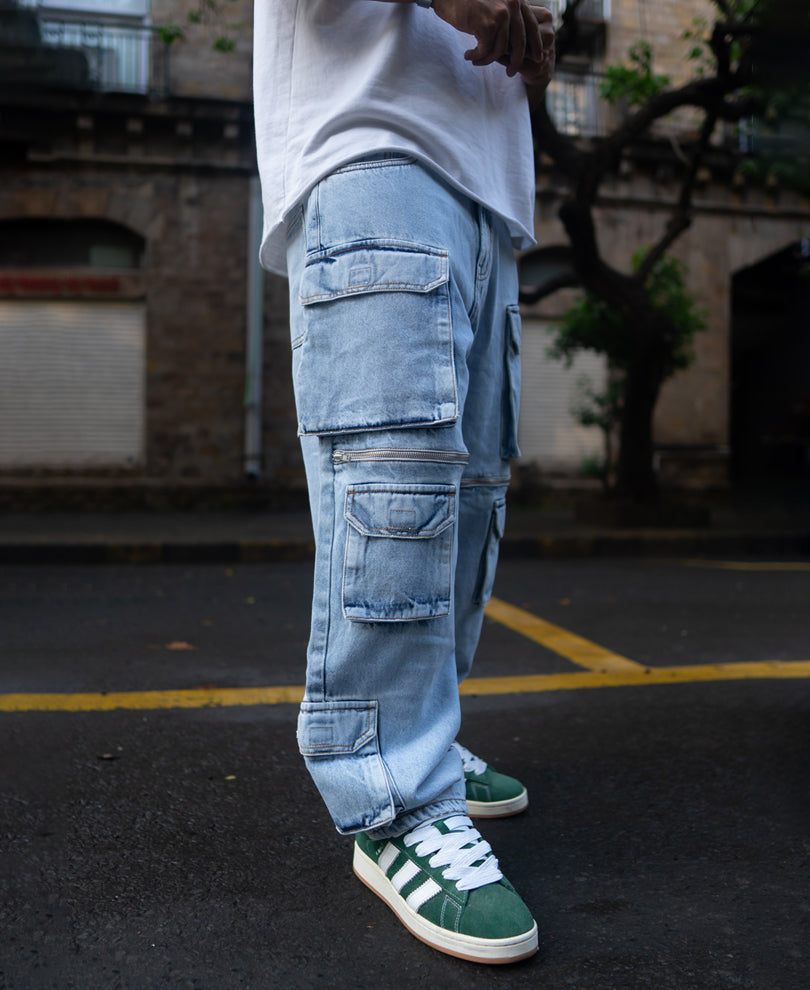 Ice Blue Baggy Fit Cargo Jeans