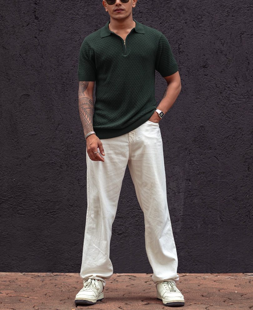 Green Knitted Regular Fit Half Sleeves Zipper T Shirt