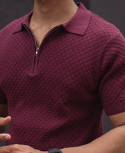 Wine Knitted Regular Fit Half Sleeves T-Shirt