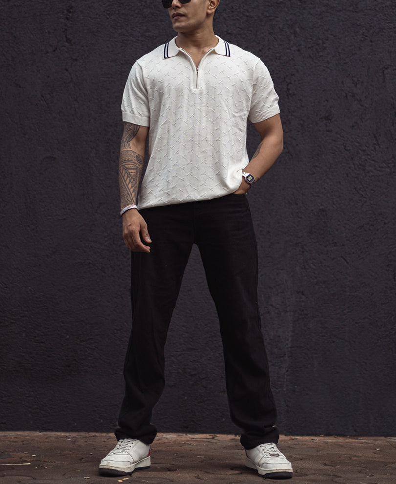 White Structured Regular Fit Half Sleeves Zipper T Shirt