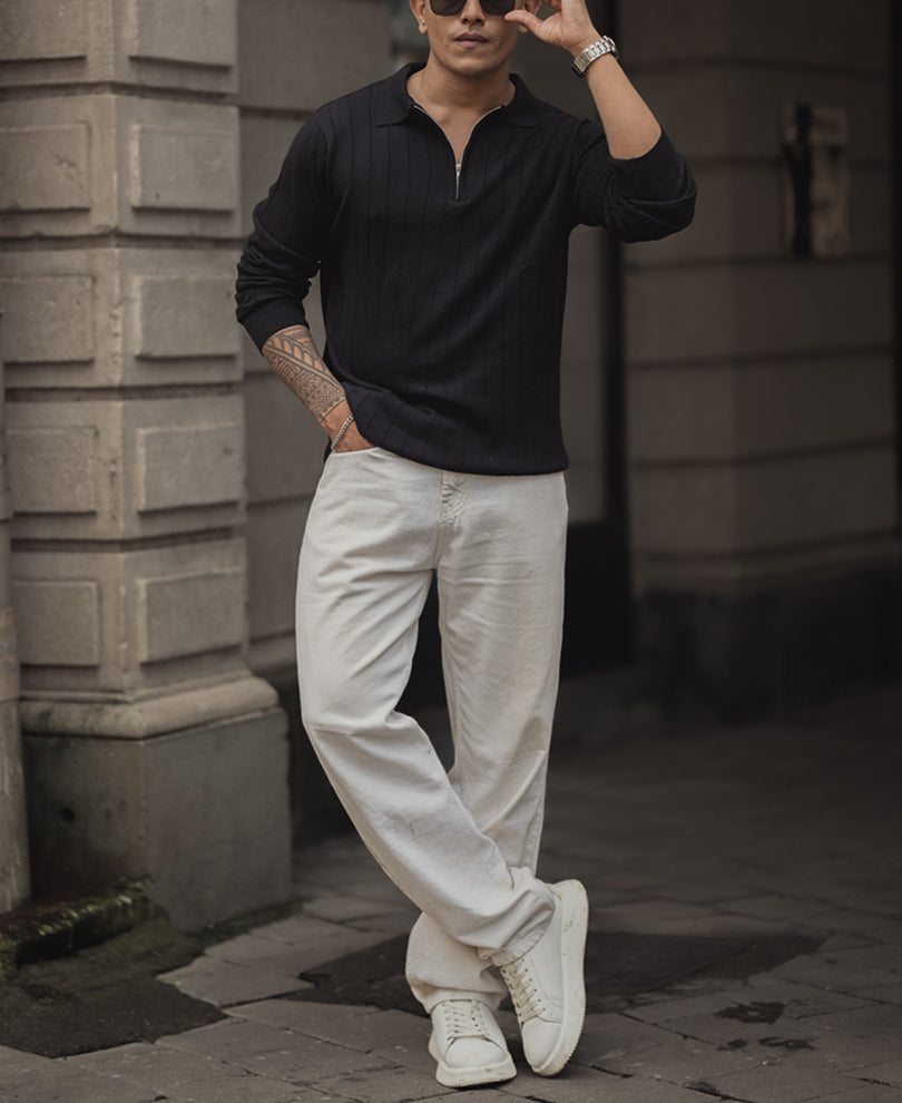 Black Knitted Regular Fit Full Sleeves T Shirt