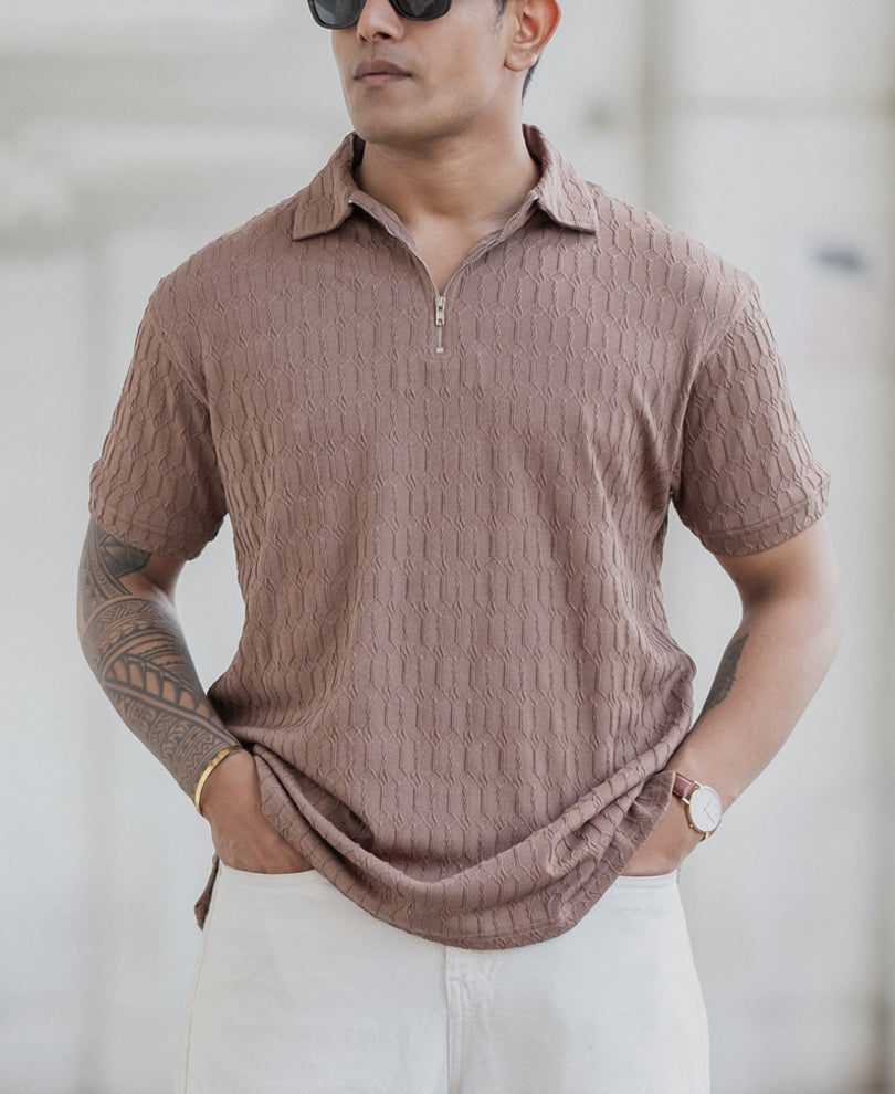 Dusty Brown Textured Polo T-Shirt