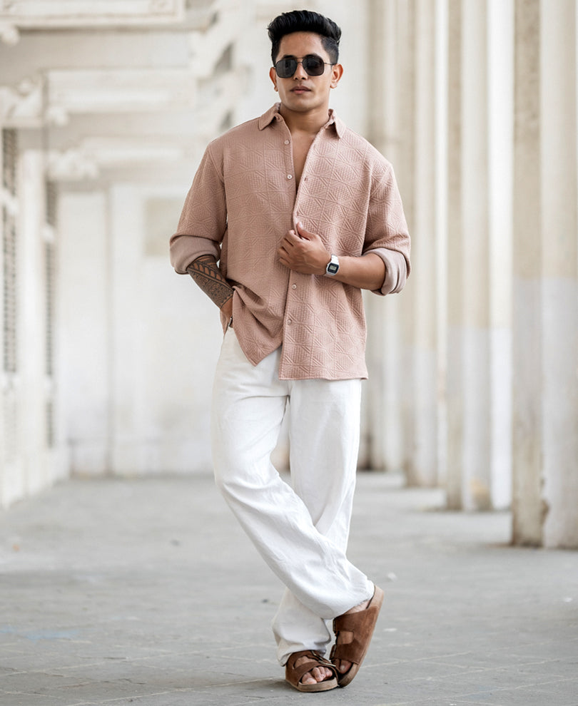 Beige Structured Full Sleeves Regular Fit Shirt