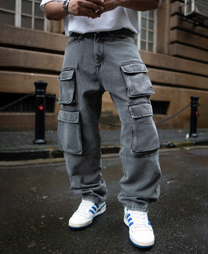 Grey Baggy Fit Denim Cargo Jeans