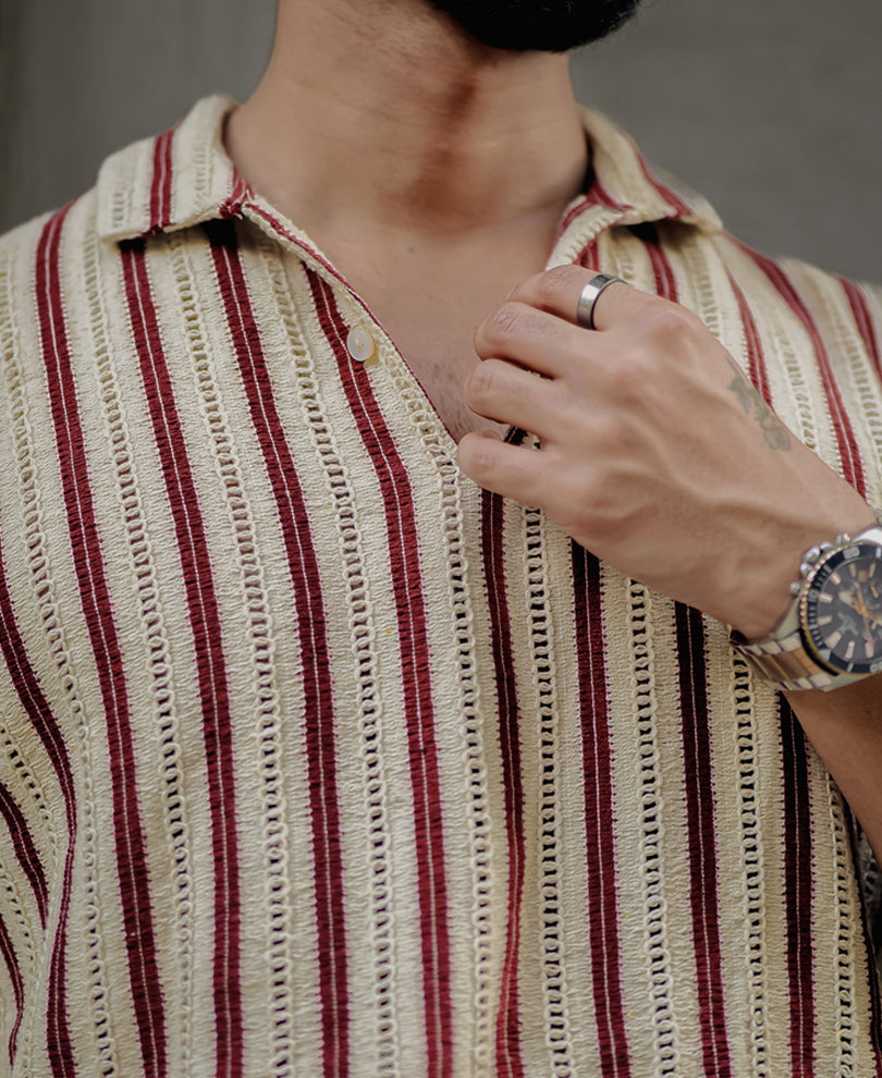 Beige And Maroon Striped Regular Fit Full Sleeves Kurta Style Shirt