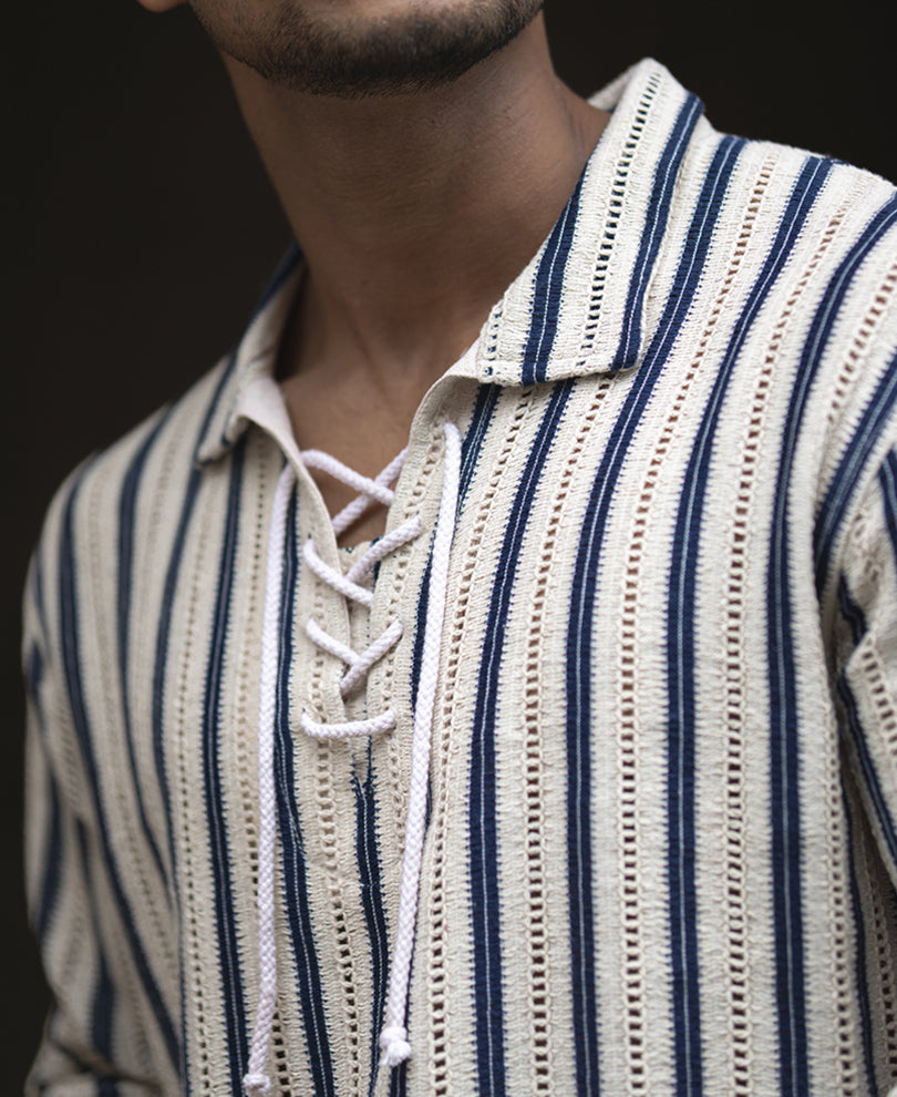 Beige And Navy Blue Striped Regular Fit Full Sleeves Kurta Style Shirt