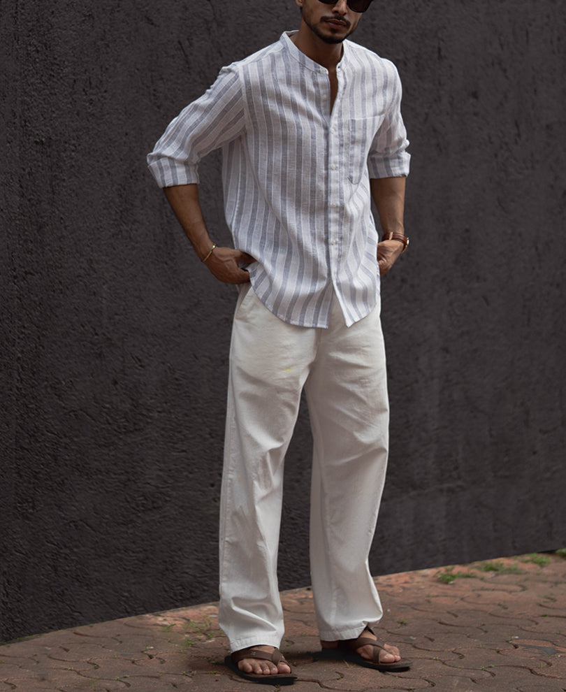 White And Grey Regular Fit Full Sleeves Shirt