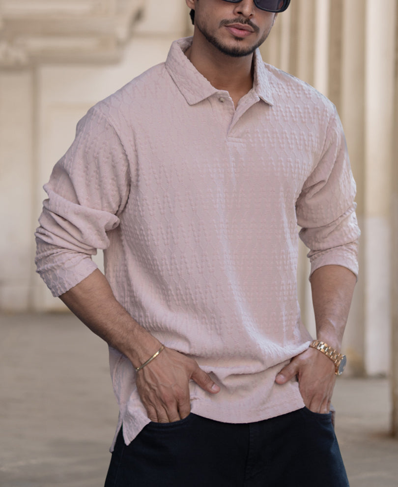 Beige Structured Regular Fit Full Sleeves Polo T-Shirt