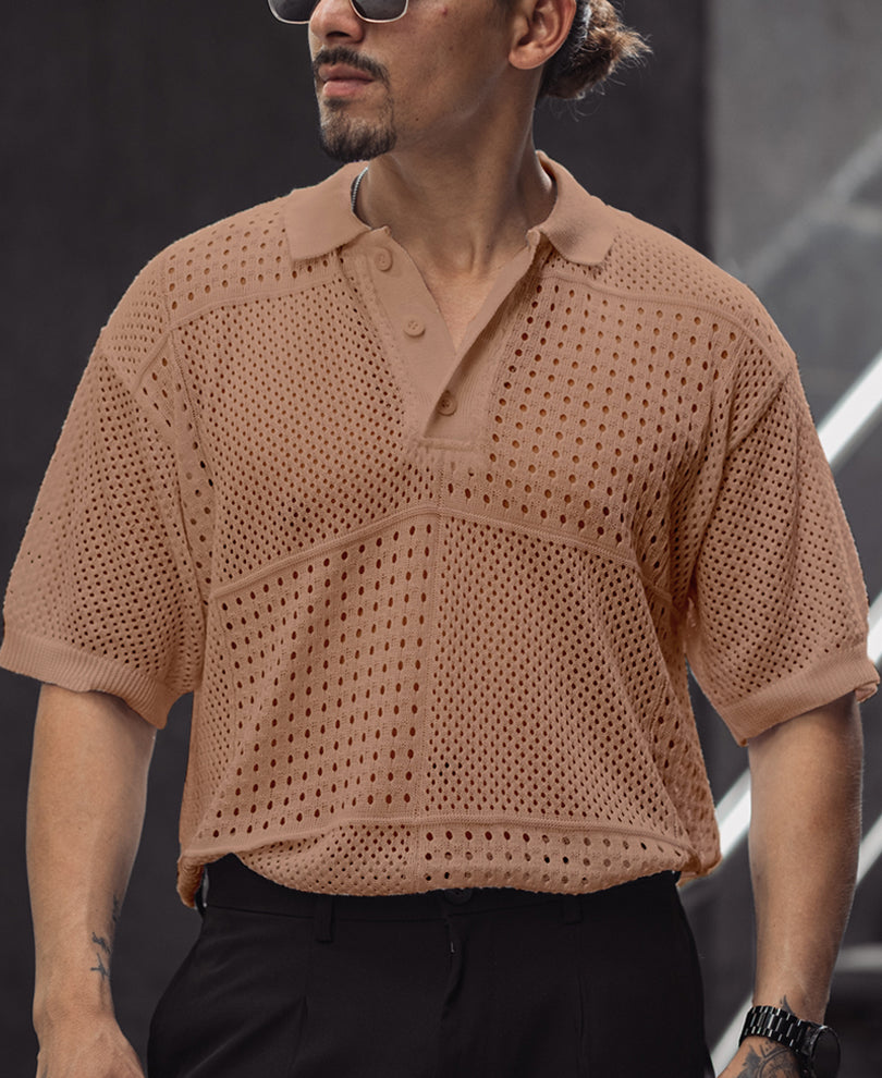 Brown Half Sleeves Oversized Crochet T-Shirt