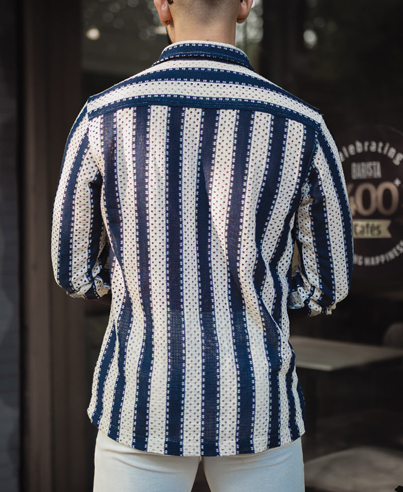 Navy Blue And Off White Stripes Regular Fit Full Sleeves Shirt