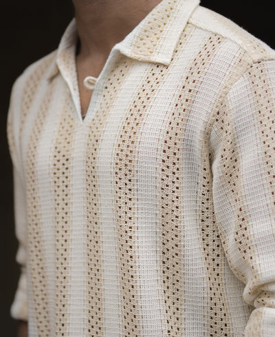 Beige & White Crochet Striped Regular Fit Full Sleeve Shirt