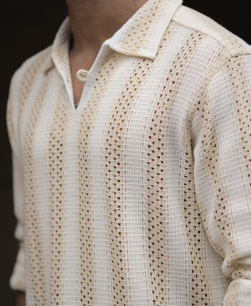 Beige & White Crochet Striped Regular Fit Full Sleeve Shirt