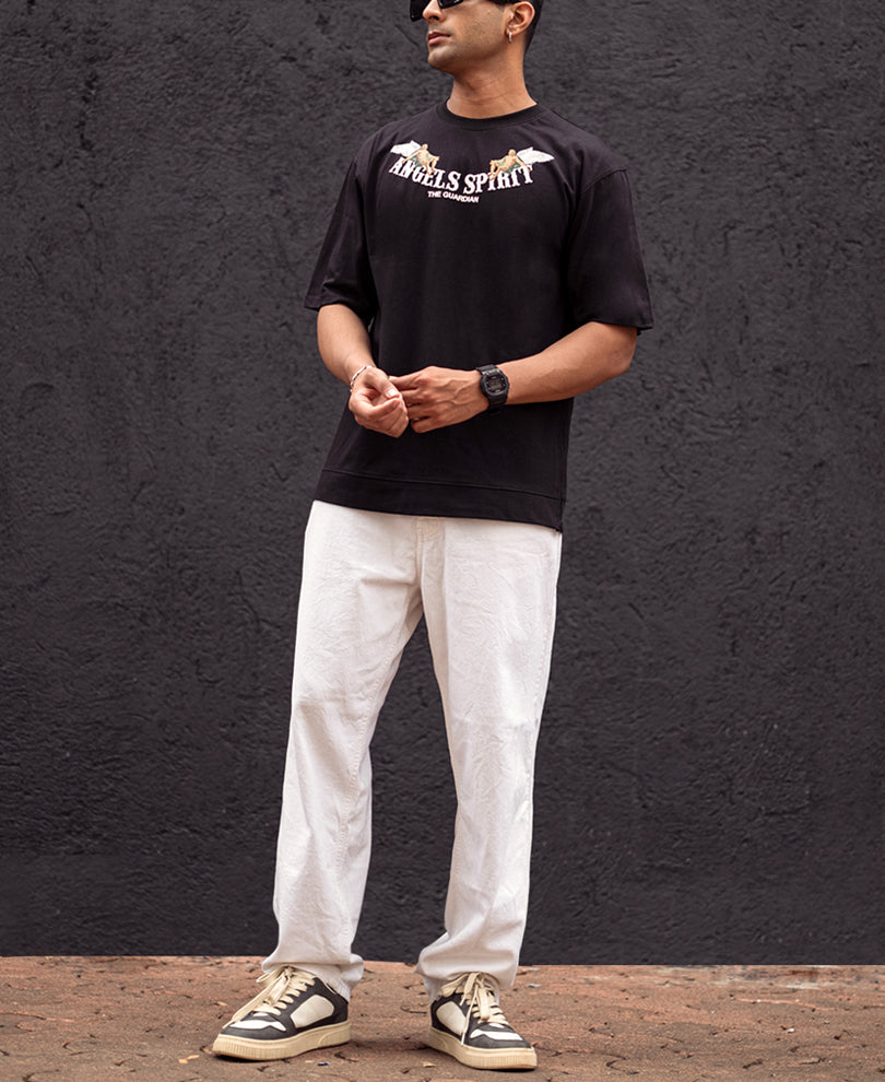 Black Printed Oversized Half Sleeves T Shirt with Side Zippers