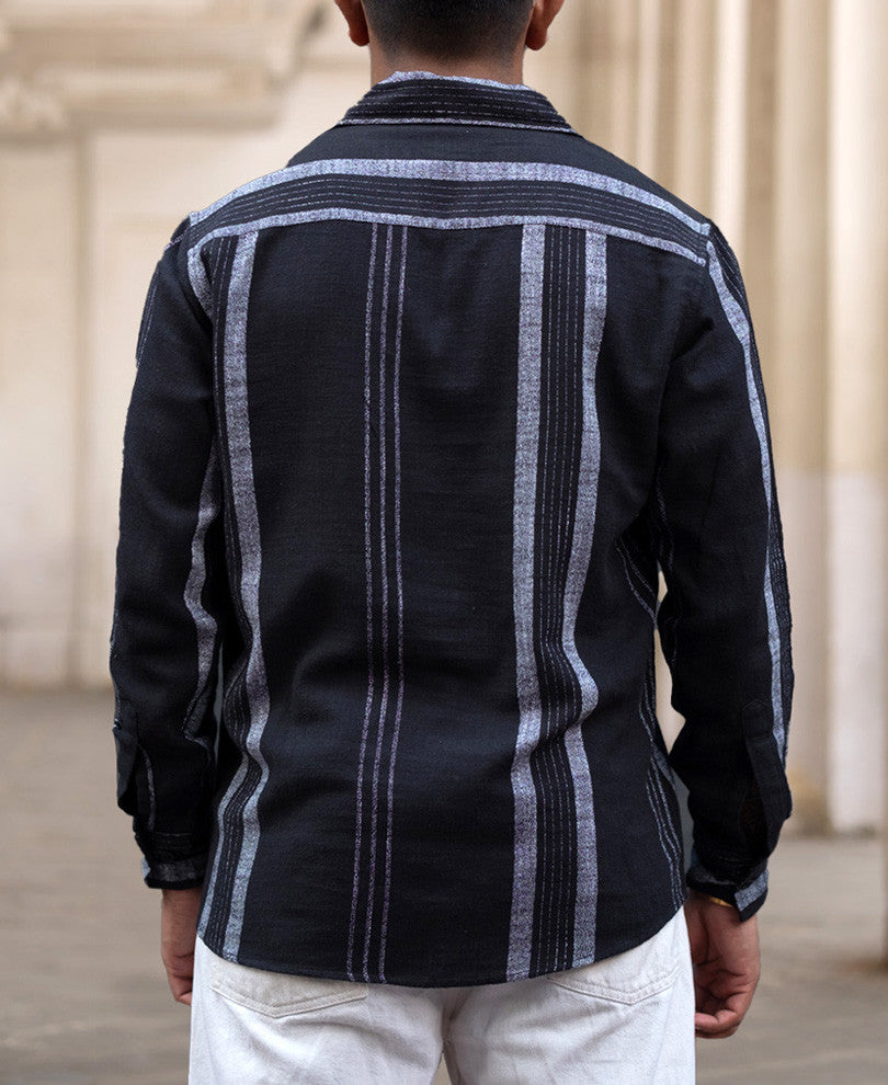 Black Striped Regular Fit Full Sleeves Kurta Style Shirt