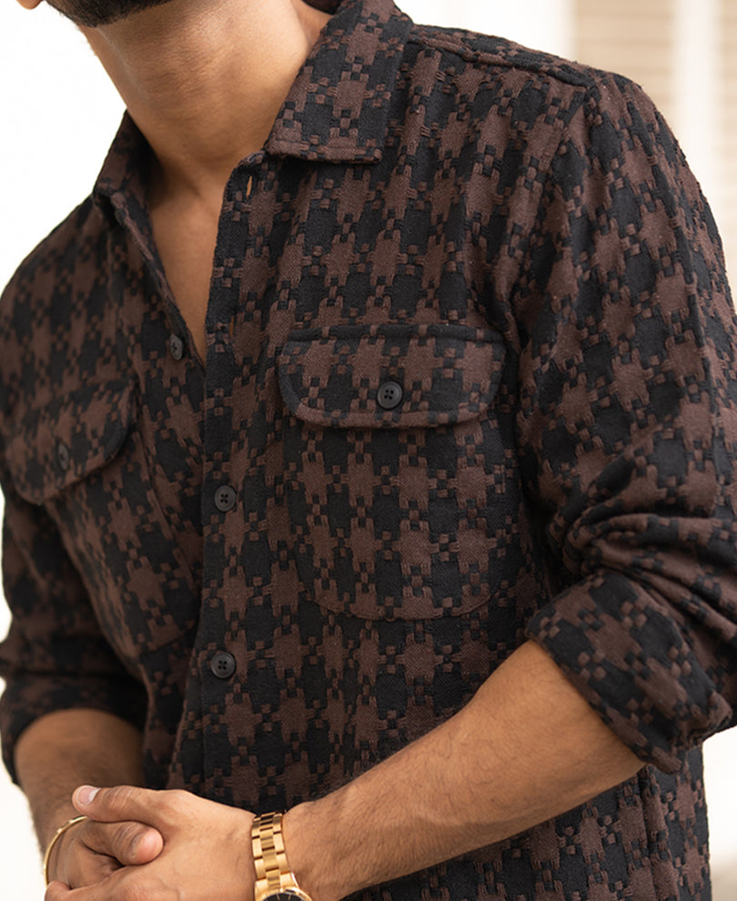 Brown And Black Structured Regular Fit Full Sleeves Shirt