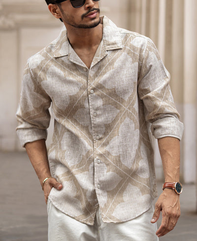 Beige Regular Fit Printed Full Sleeves Shirt